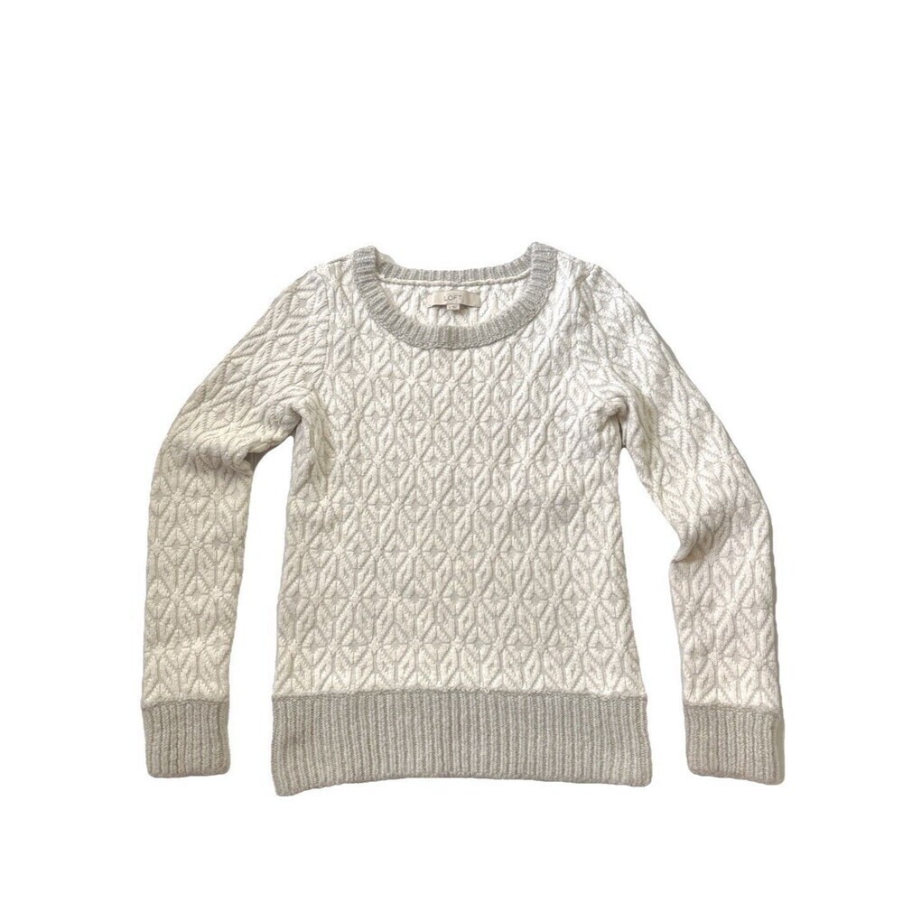 LOFT Womens Textured Diamond Knit Sweater S Nylon Mohair Wool Blend White Gray